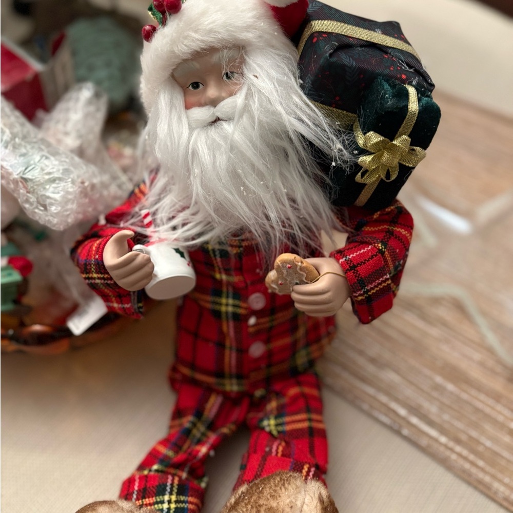 Festive Santa Claus Figurine in Red Plaid Pajamas